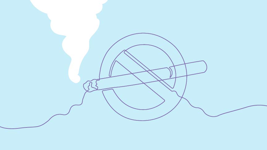 Purple line drawing of a no smoking sign on a light blue background with white smoke