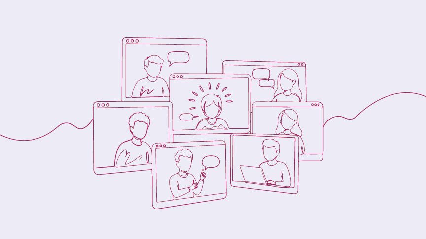 Line drawing of multiple screens all with line drawings of people on them.