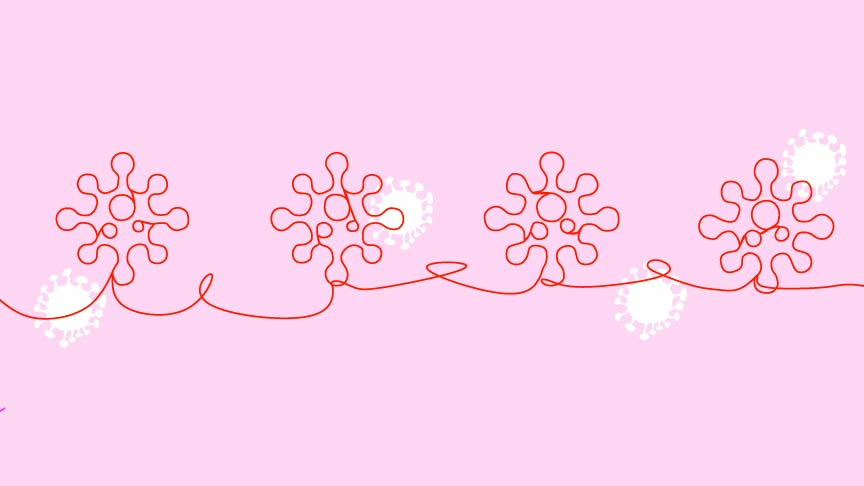 Burnt orange line drawing of 4 bacteria cells on a pink background and white bacteria cells