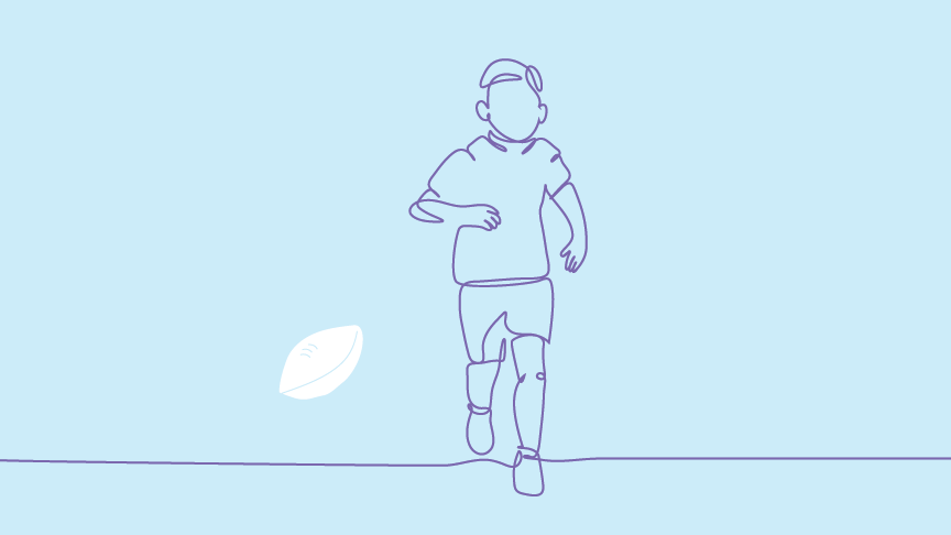 A purple line drawing of a young person facing forwards and running on a blue background with a white illustration of a rugby ball on the left.