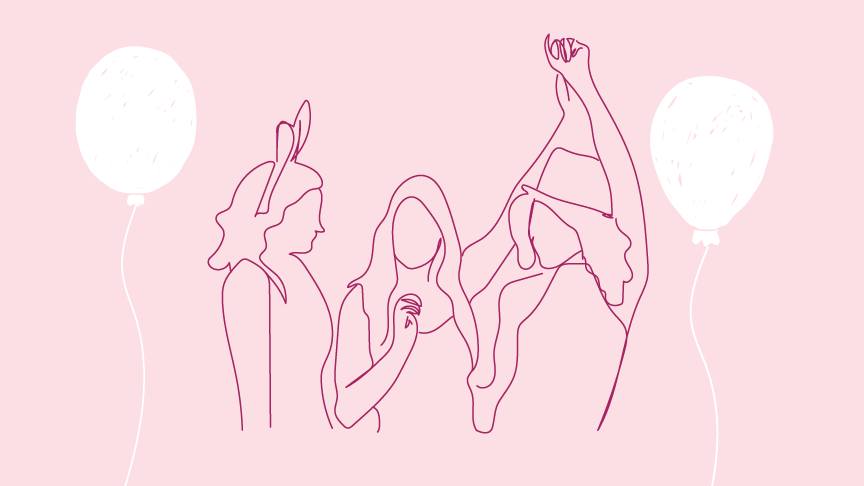 Purple line drawing of a group of three people partying on a light red background with a white balloon and string on either side