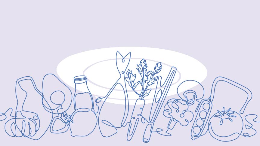 A blue line drawing of various food items in front of a white illustration of a plate on a light purple background