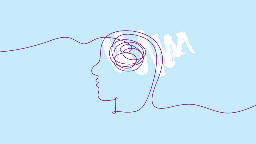 A purple outline drawing of a man's head with a 'scribble' representing the brain, on a light blue background.