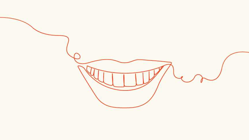 Red line drawing of a mouth showing top teeth on a pale yellow background