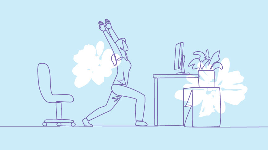 Purple line drawing on a light blue background showing a woman standing and stretching in front of a desk with a computer on it with a chair behind her.